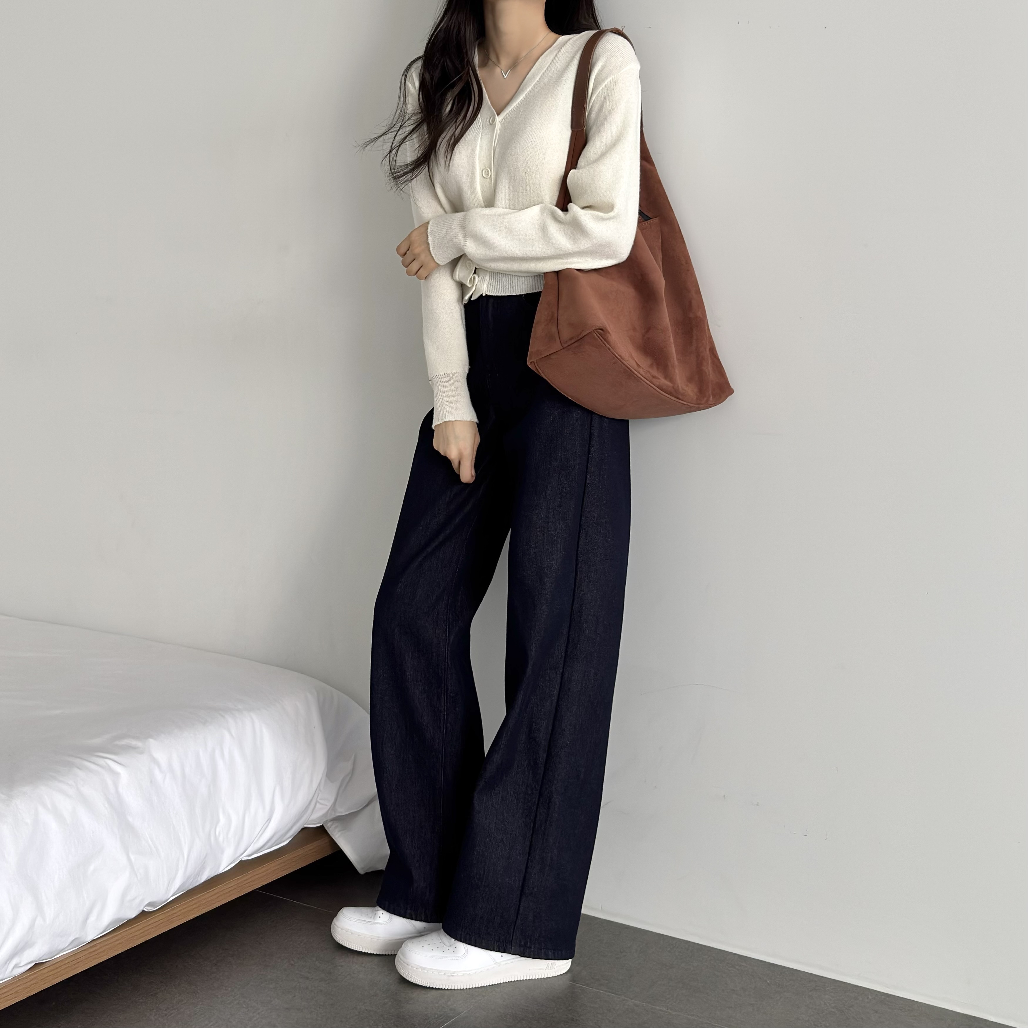 여성 기모 청바지 키작녀 하이웨스트 와이드핏 세미와이드 청바지 진청 스판 생지 데님 키작진 - 상세 이미지 5
