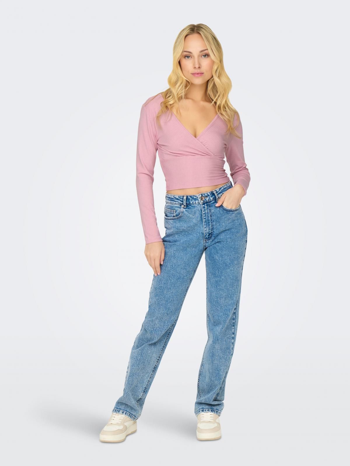 온리 페미닌 크롭 브이넥 랩 긴팔티셔츠 15332979_8263 RED / BLEACHED MAUVE - 상세 이미지 5