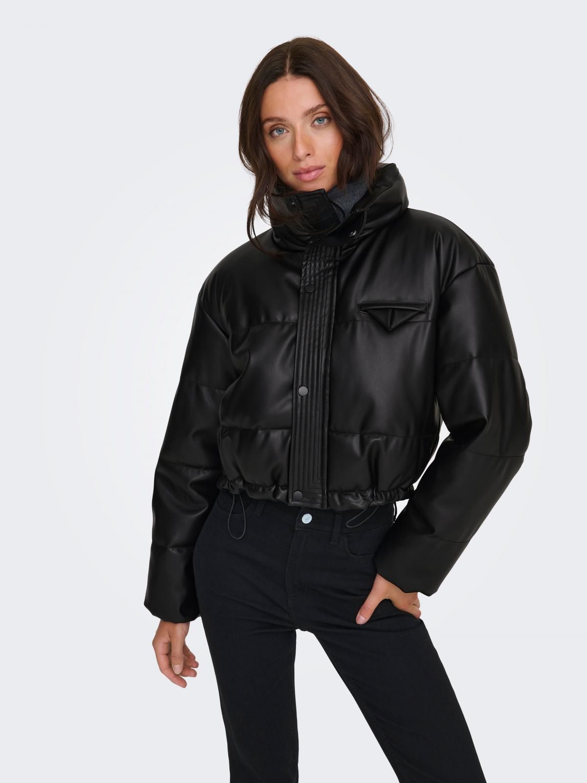 온리 크롭 레더 패딩 재킷 베이스볼넥 15349205_2161 BLACK / BLACK - 상세 이미지 2