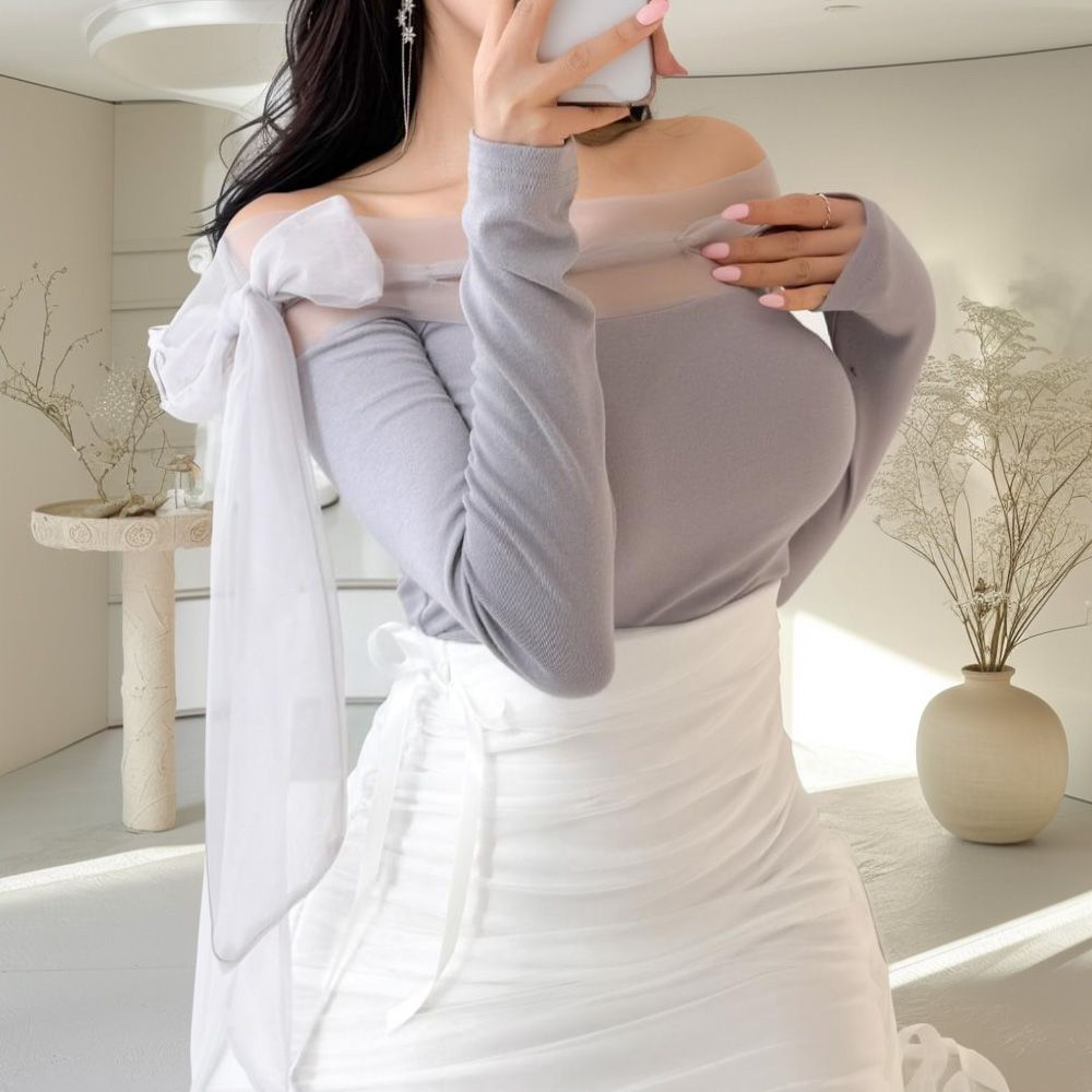꾸벨르 긴팔티셔츠 오프숄더 망사 리본 AF0589 - 상품 이미지