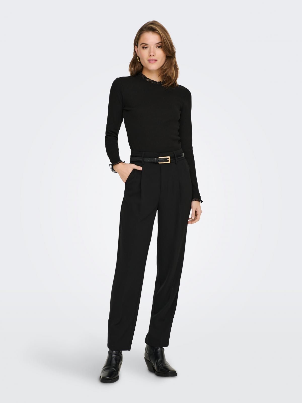 온리 레이스 디테일 라운드넥 베이직 긴팔탑 15277888_2161 BLACK / BLACK - 상세 이미지 5