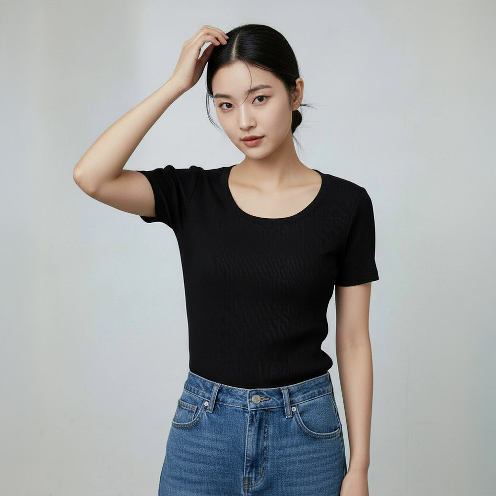 누모 여성 무지 골지 스판 U넥 레이어드 이너 반팔 티셔츠 - 상세 이미지 2