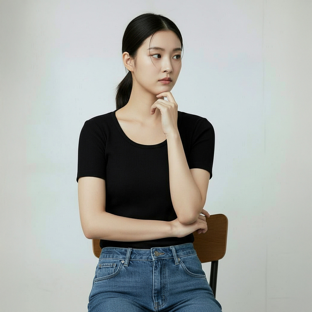 누모 여성 무지 골지 스판 U넥 레이어드 이너 반팔 티셔츠 - 상세 이미지 5