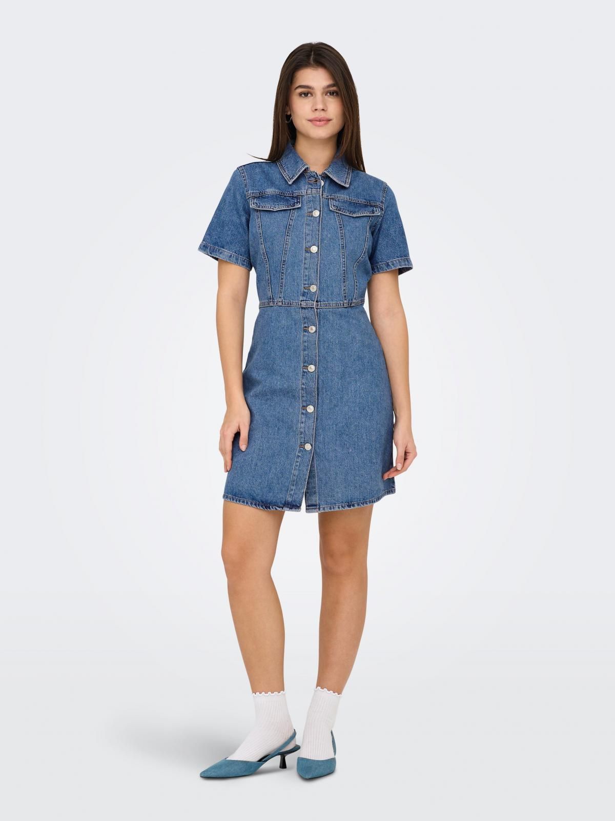 온리 트렌디 데님 셔츠카라 미니 원피스 15355044_2115 BLUE / MEDIUM BLUE DENIM - 상세 이미지 2