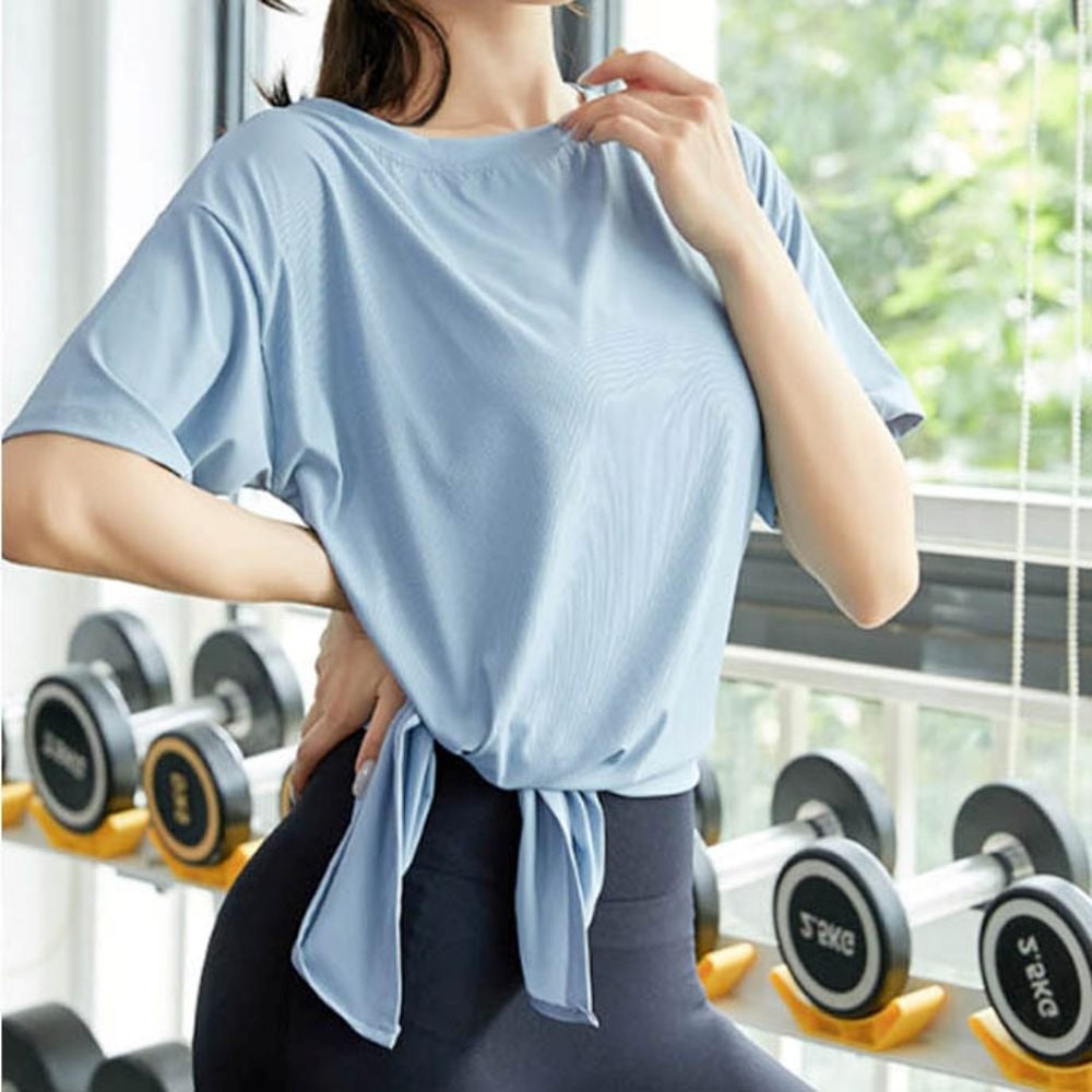 슬림핏 스판 요가 필라테스 홈트 반팔 롤링 티셔츠 - 메인 이미지