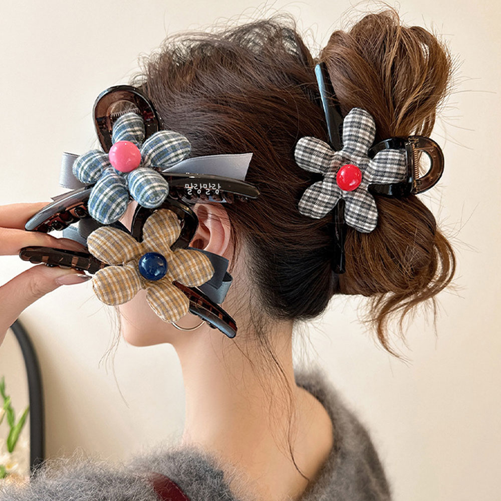 폭신 리본 꽃집게핀 플라워헤어핀 귀여운 올림머리핀 - 상품 이미지