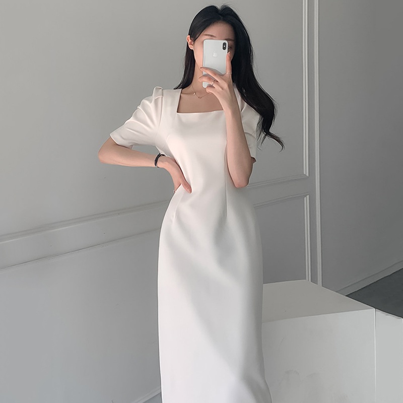 퍼프 슬림 원피스 하객룩 돌잔치 겨울 옷자락 오프숄더 머메이드 브이넥 드레스 스퀘어넥 미니 - 상세 이미지 2