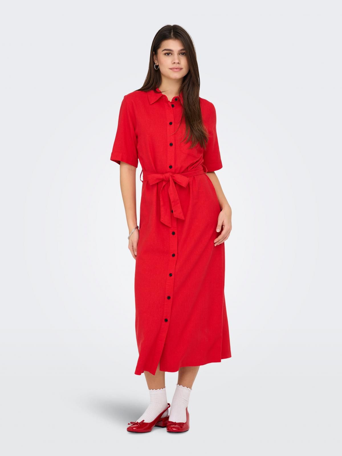 온리 레드 셔츠카라 벨트 롱 원피스 15338884_767 RED / MARS RED - 상세 이미지 5