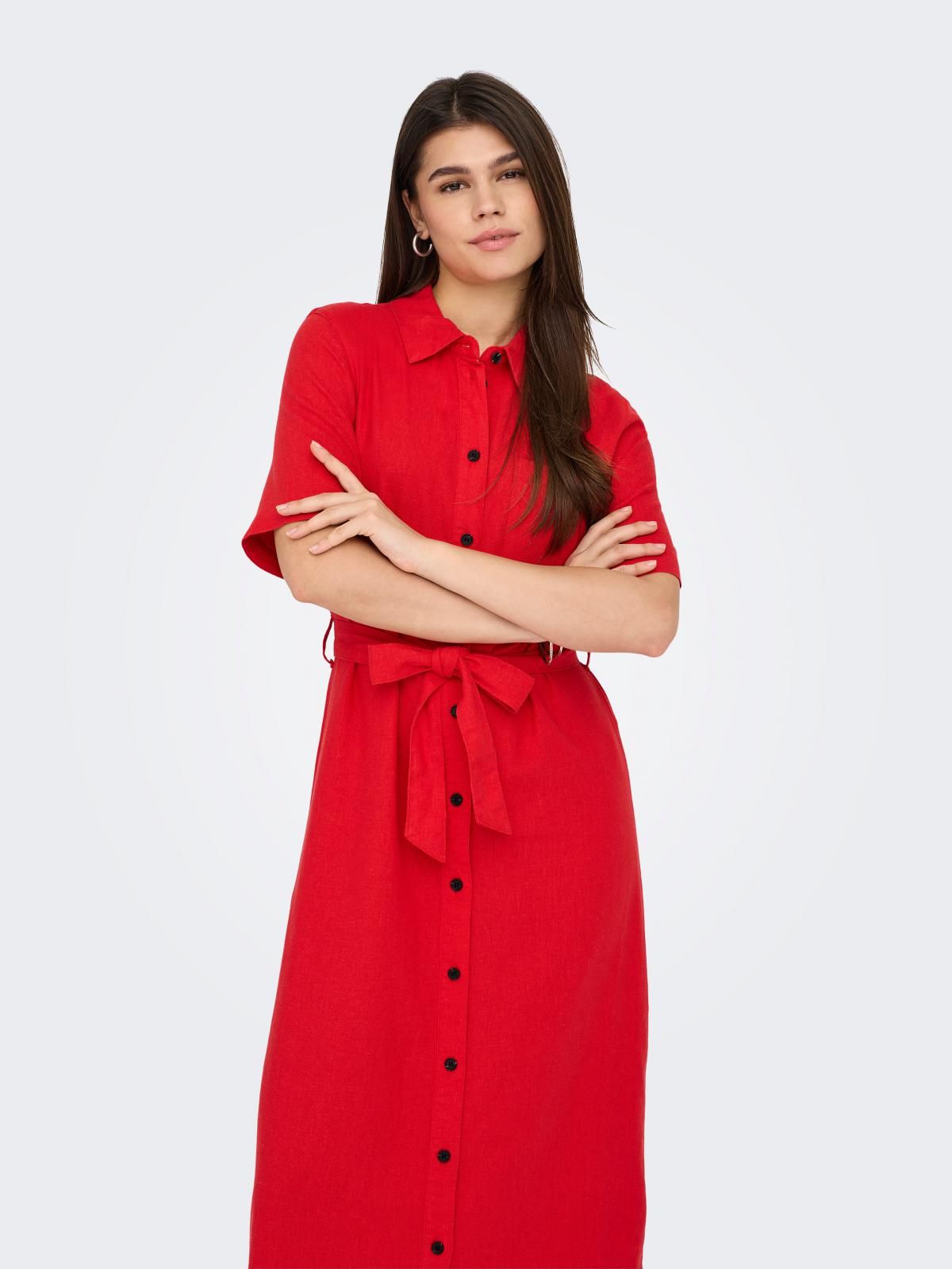 온리 레드 셔츠카라 벨트 롱 원피스 15338884_767 RED / MARS RED 이미지 6