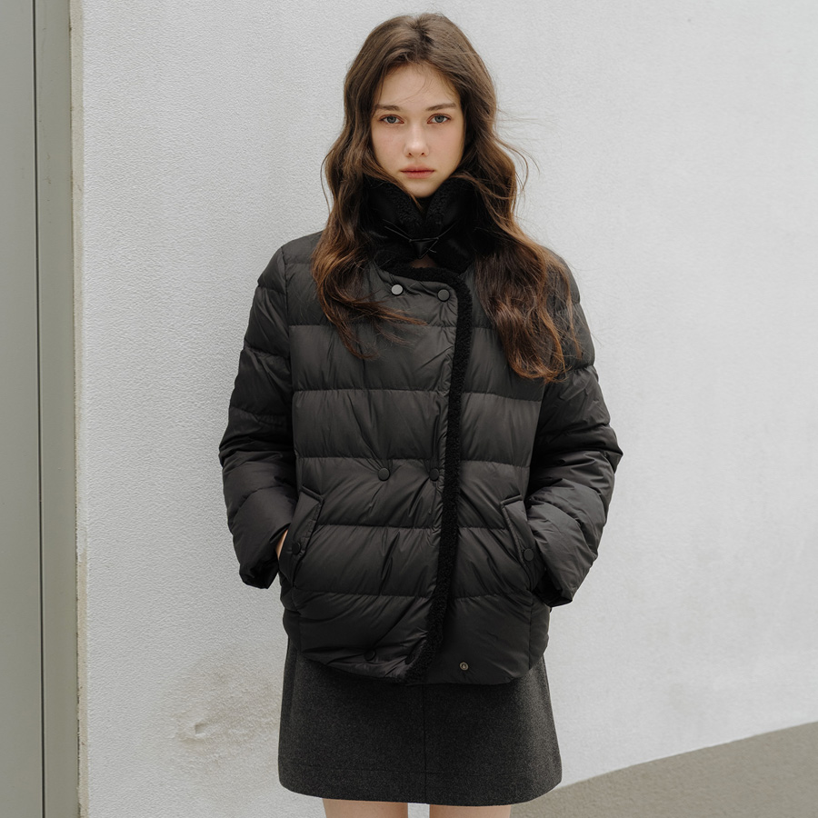 [LIMITED] 프리미엄 하이넥 버클 레더 블렌드 구스 다운 패딩 점퍼 (BLACK) - 상품 이미지
