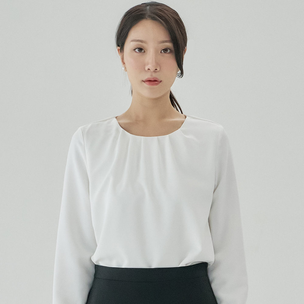 면접 라운드넥 정장 이너 쉬폰 셔링 블라우스 긴팔 제품 이미지