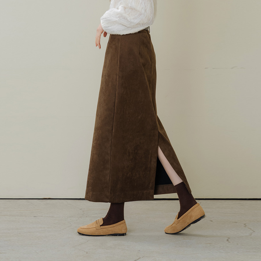 소프트 스웨이드 스트레이트 슬릿 맥시 롱 스커트 (BROWN, 2 SIZE) - 상품 이미지