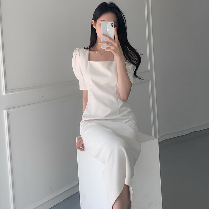 퍼프 슬림 원피스 하객룩 돌잔치 겨울 옷자락 오프숄더 머메이드 브이넥 드레스 스퀘어넥 미니 - 상세 이미지 4