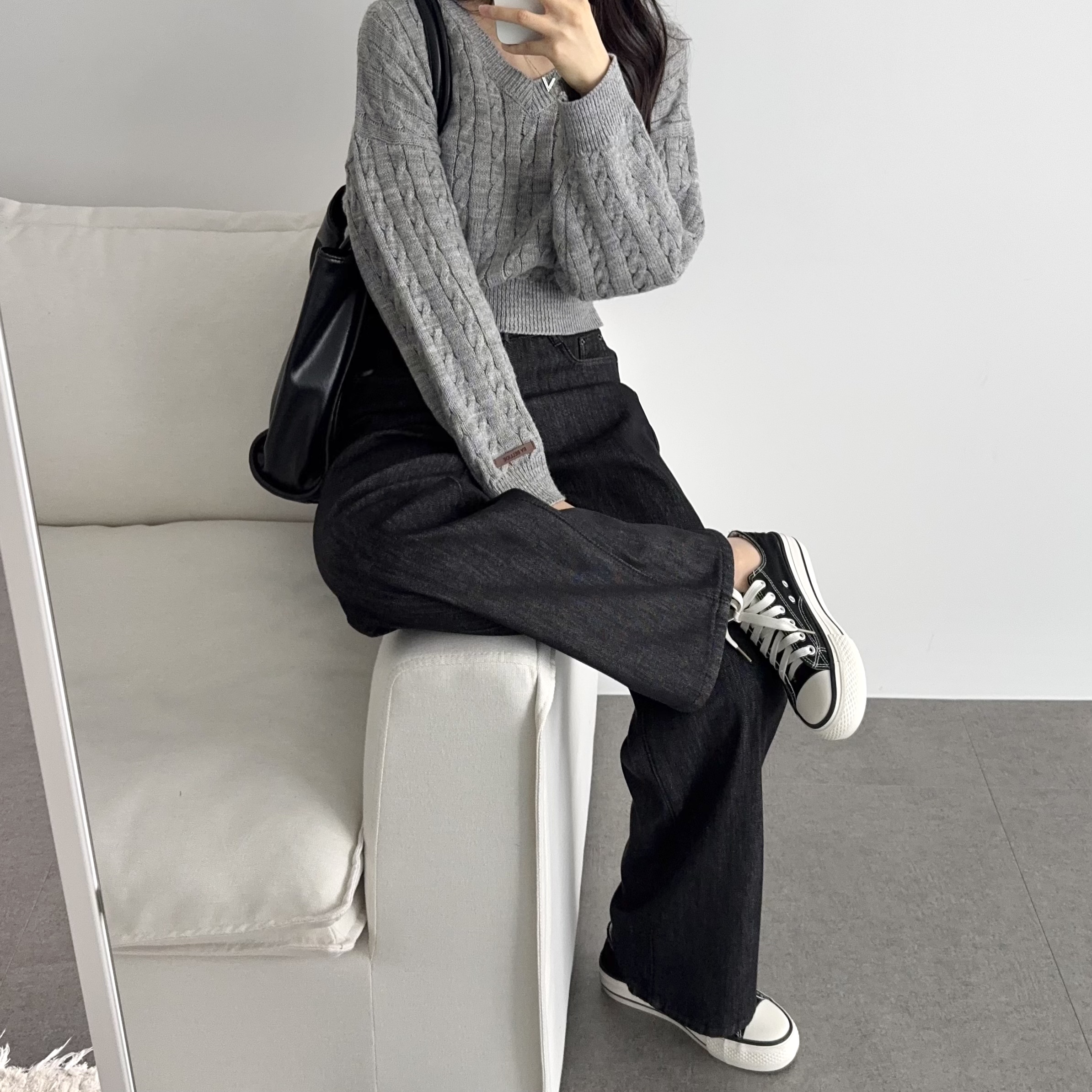 여성 기모 청바지 키작녀 하이웨스트 와이드핏 세미와이드 청바지 진청 스판 생지 데님 키작진 이미지 7