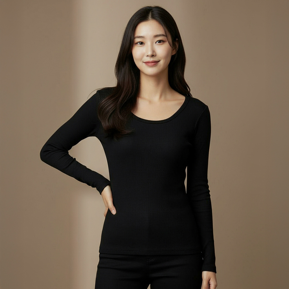 누모 겨울 여성 무지 골지 스판 U넥 레이어드 이너 긴팔 티셔츠 - 상세 이미지 2