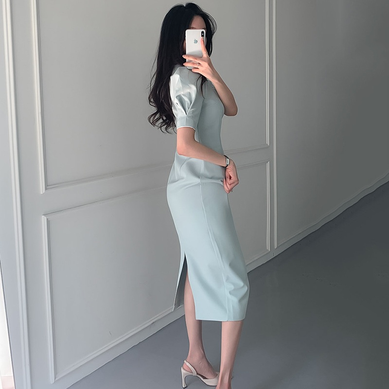 퍼프 슬림 원피스 하객룩 돌잔치 겨울 옷자락 오프숄더 머메이드 브이넥 드레스 스퀘어넥 미니 - 상세 이미지 5
