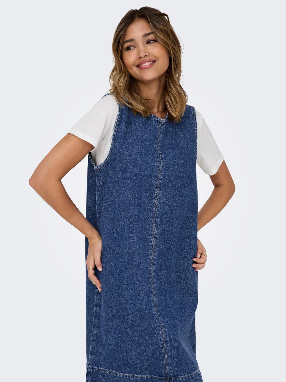 온리 데님 미니 원피스 라운드넥 캐주얼 15354762_2115 BLUE / MEDIUM BLUE DENIM 이미지 6