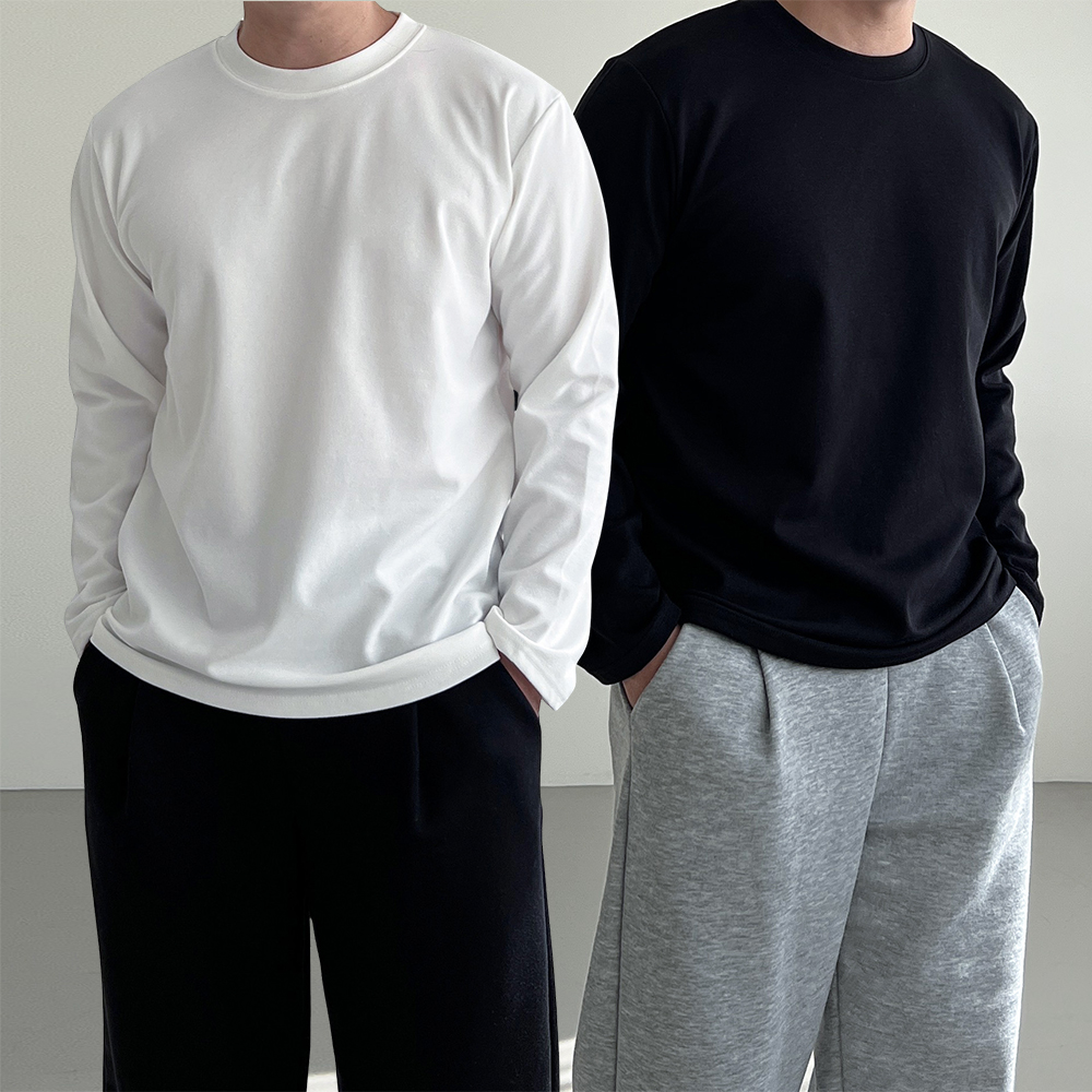 1+1 남자레이어드티 흰색면티 기모 겨울 - 메인 이미지
