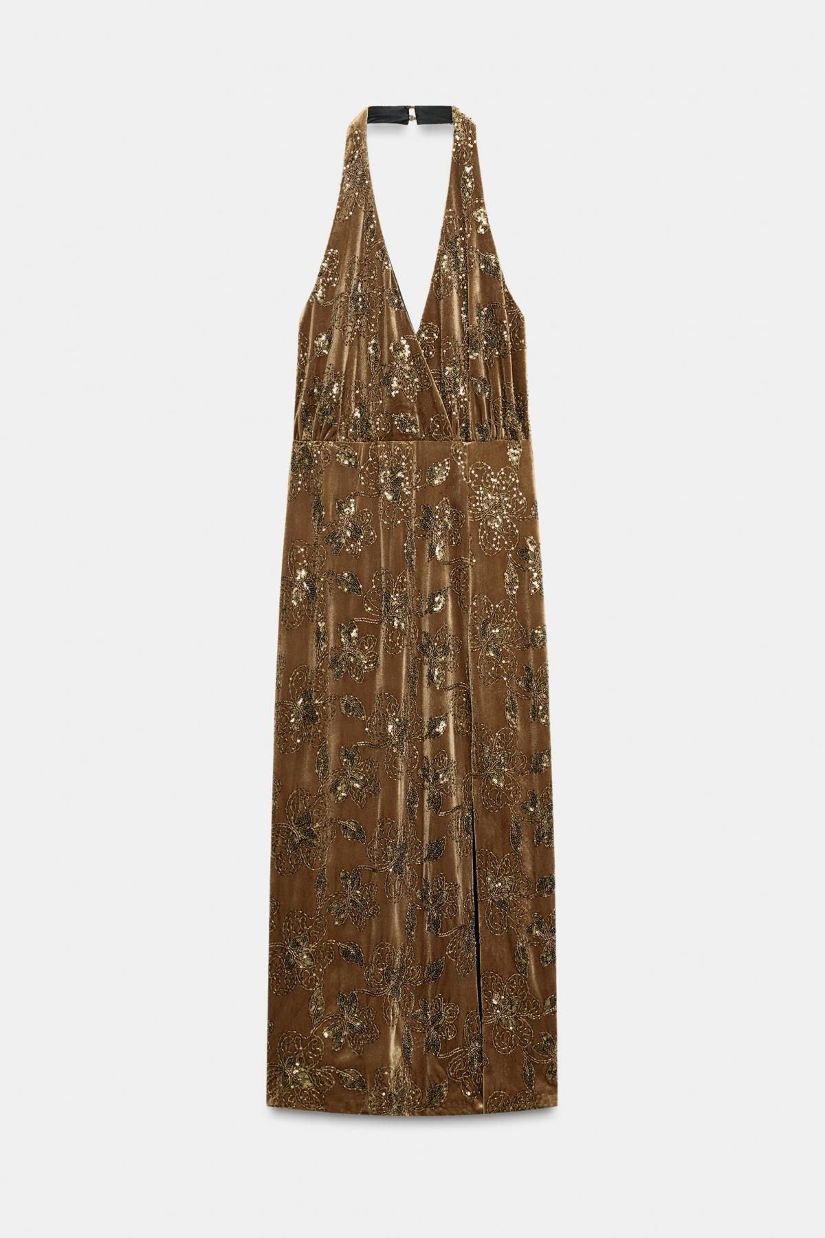 자라 글리터 벨벳 홀터넥 미디 원피스 9858/822 OCHRE - 상품 이미지