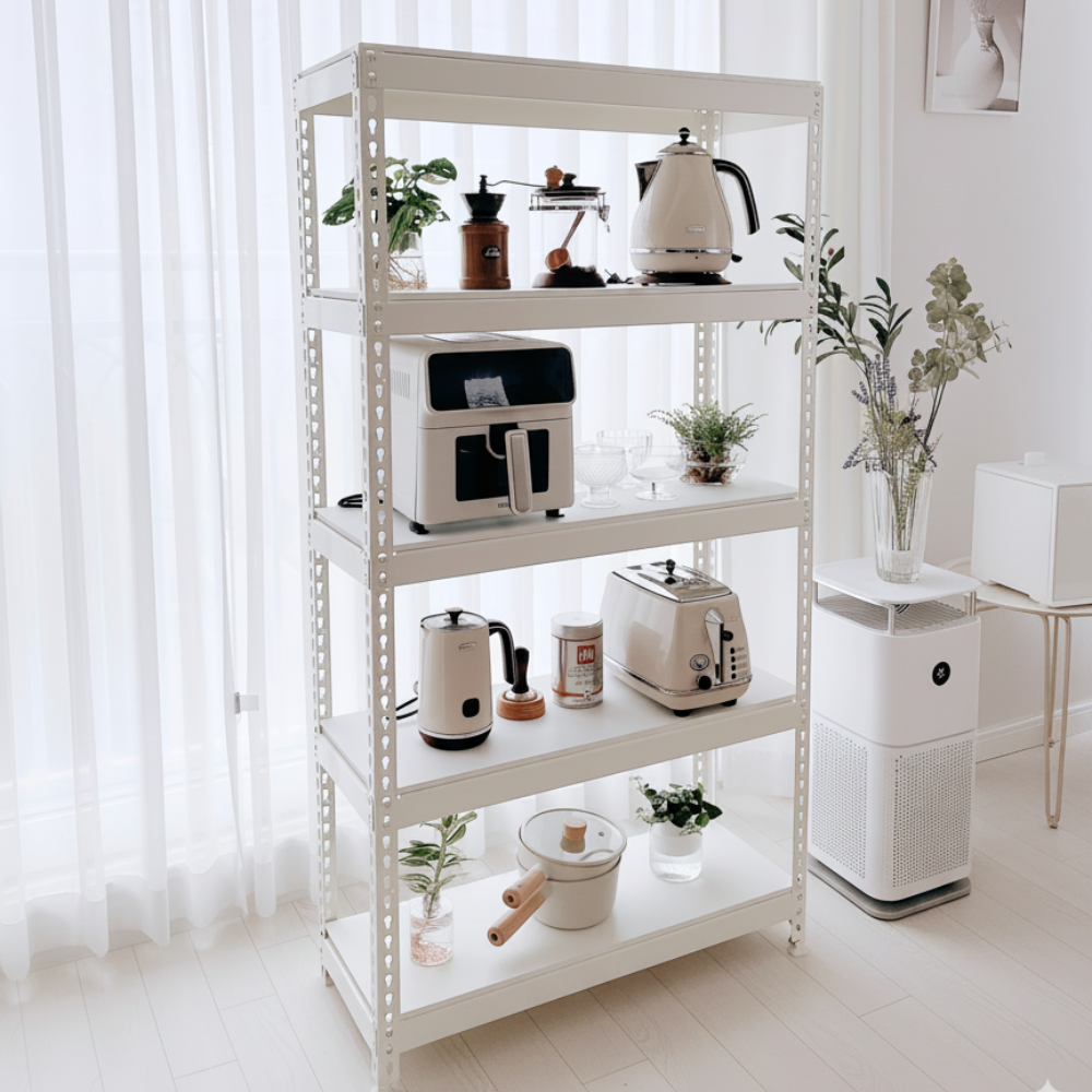 폴던스랙 올스틸 미드센추리 거실 수납장 400x400x1500, 5단, 아이보리 - 상품 이미지