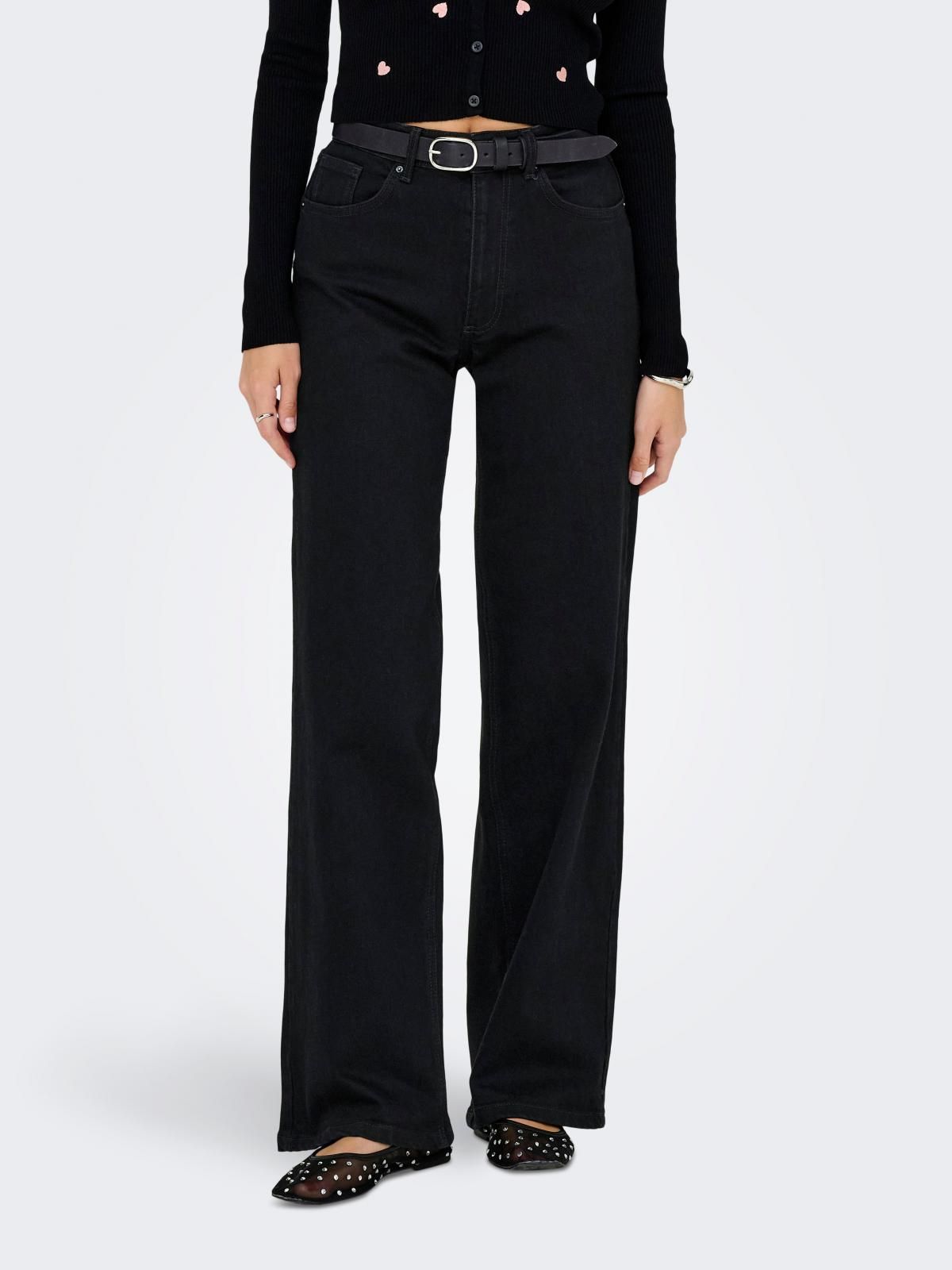 온리 하이웨이스트 와이드핏 데님 블랙 진 15338858_2103 BLACK / BLACK DENIM - 상품 이미지