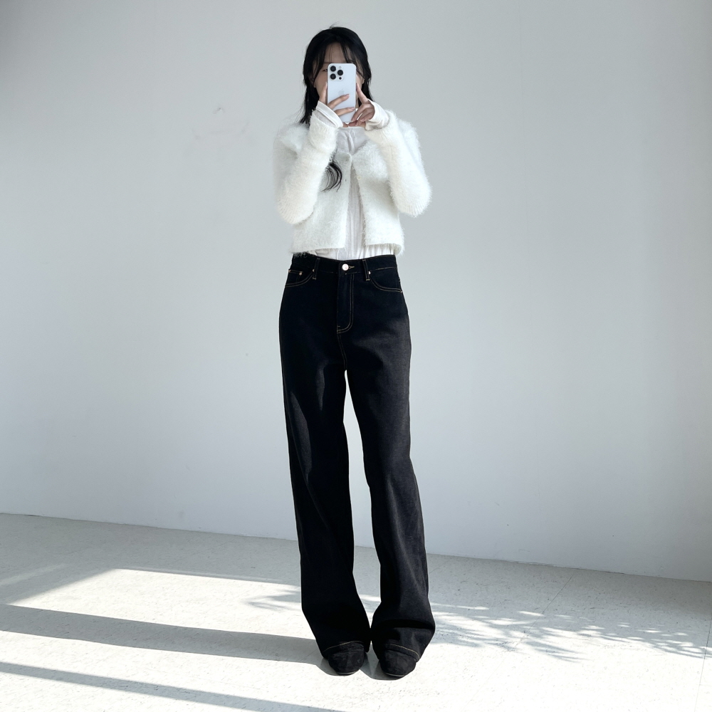여성기모청바지 겨울 벨벳 융기모 세미와이드 진청 블랙진 일자 통바지 생지 미드나잇블루데님 - 상세 이미지 4