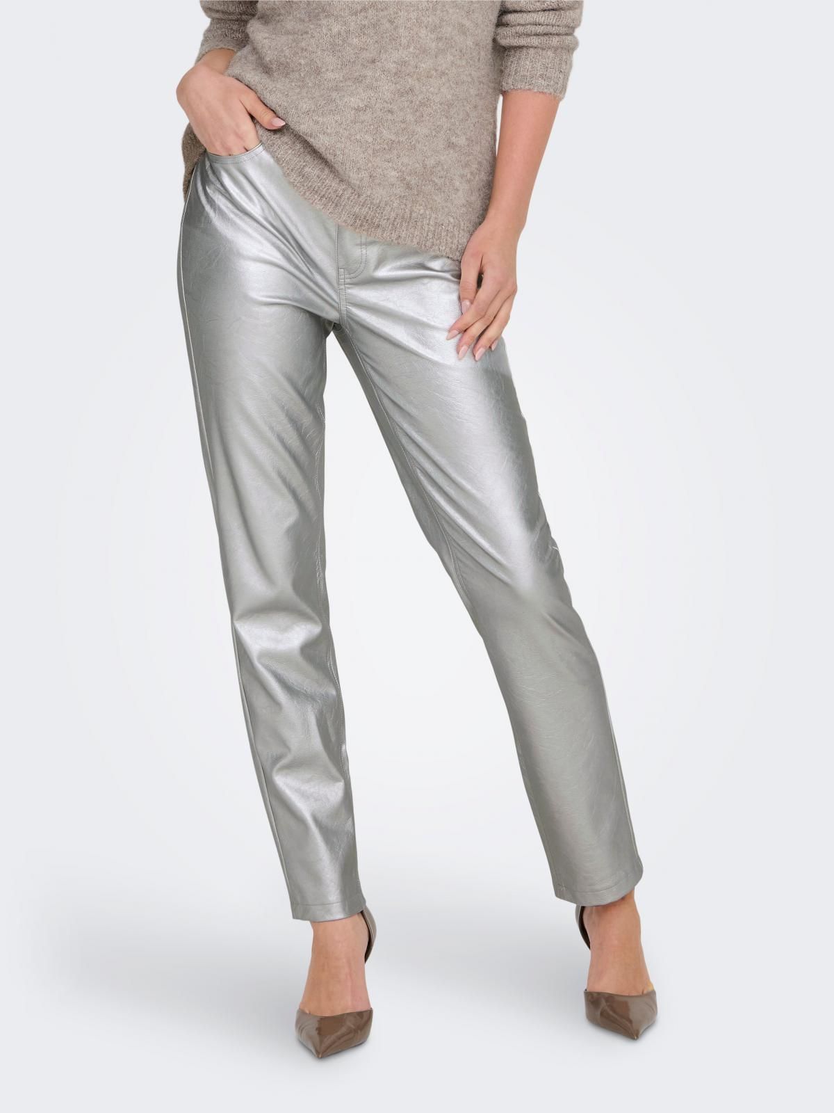 온리 메탈릭 스트레이트핏 페이크레더 팬츠 15325113_387 GREY / SILVER - 상품 이미지