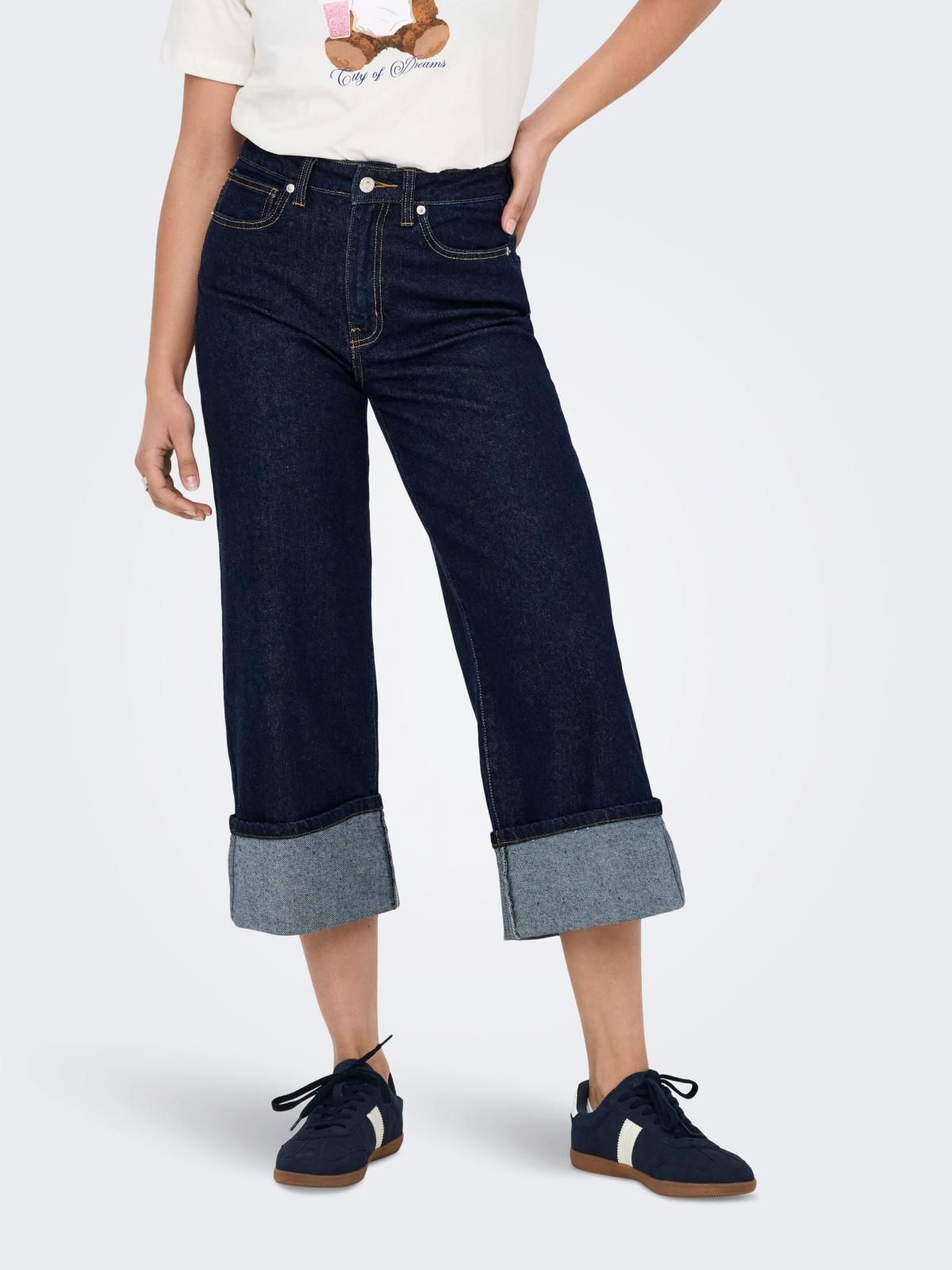 온리 하이웨이스트 데님 와이드핏 롤업 진 15338102_2114 BLUE / DARK BLUE DENIM - 상품 이미지