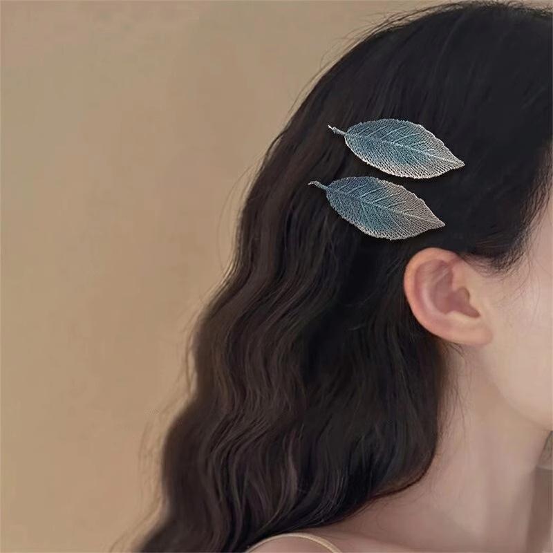 나뭇잎 자수 똑딱핀 앞머리 옆머리 머리핀 헤어핀 잔머리 - 상품 이미지