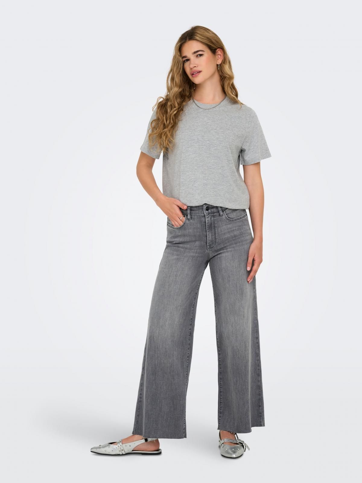 온리 하이웨이스트 와이드핏 크롭 데님 팬츠 15349812_2105 GREY / MEDIUM GREY DENIM - 상세 이미지 5