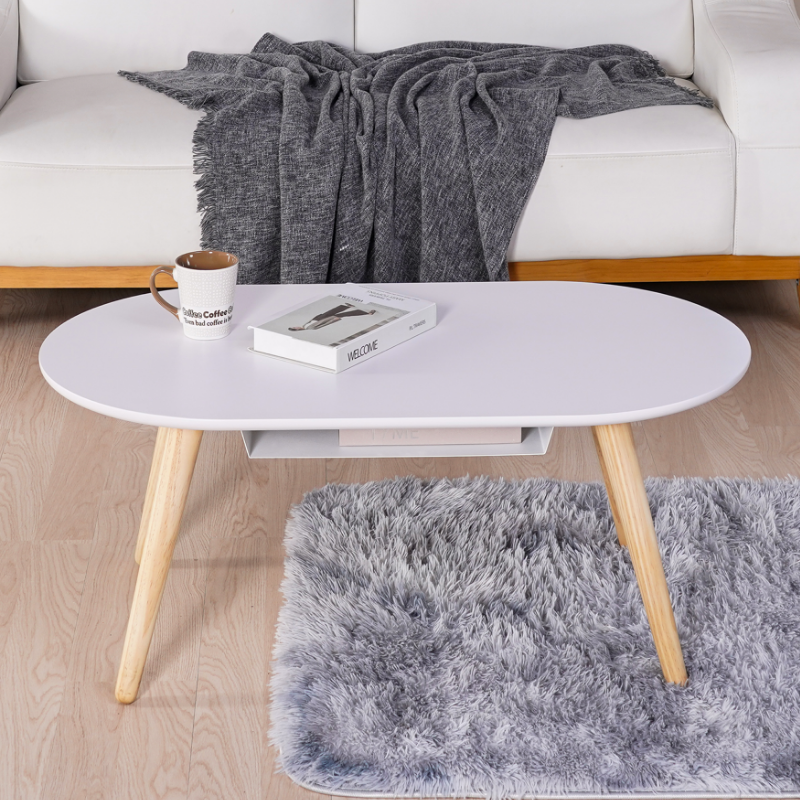 철제수납 원목다리 2단 거실 소파 좌식 타원형 테이블 화이트아이보리