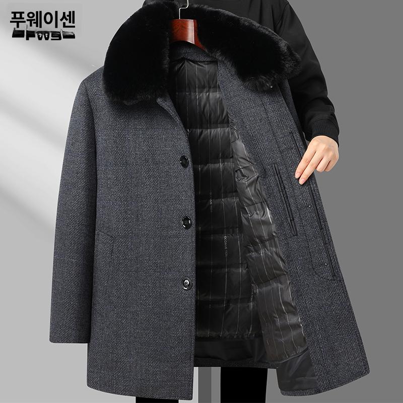 남성 모직 반코트 겨울 캐주얼 기모 하프 코트 정장 울 중년 - 상세 이미지 3