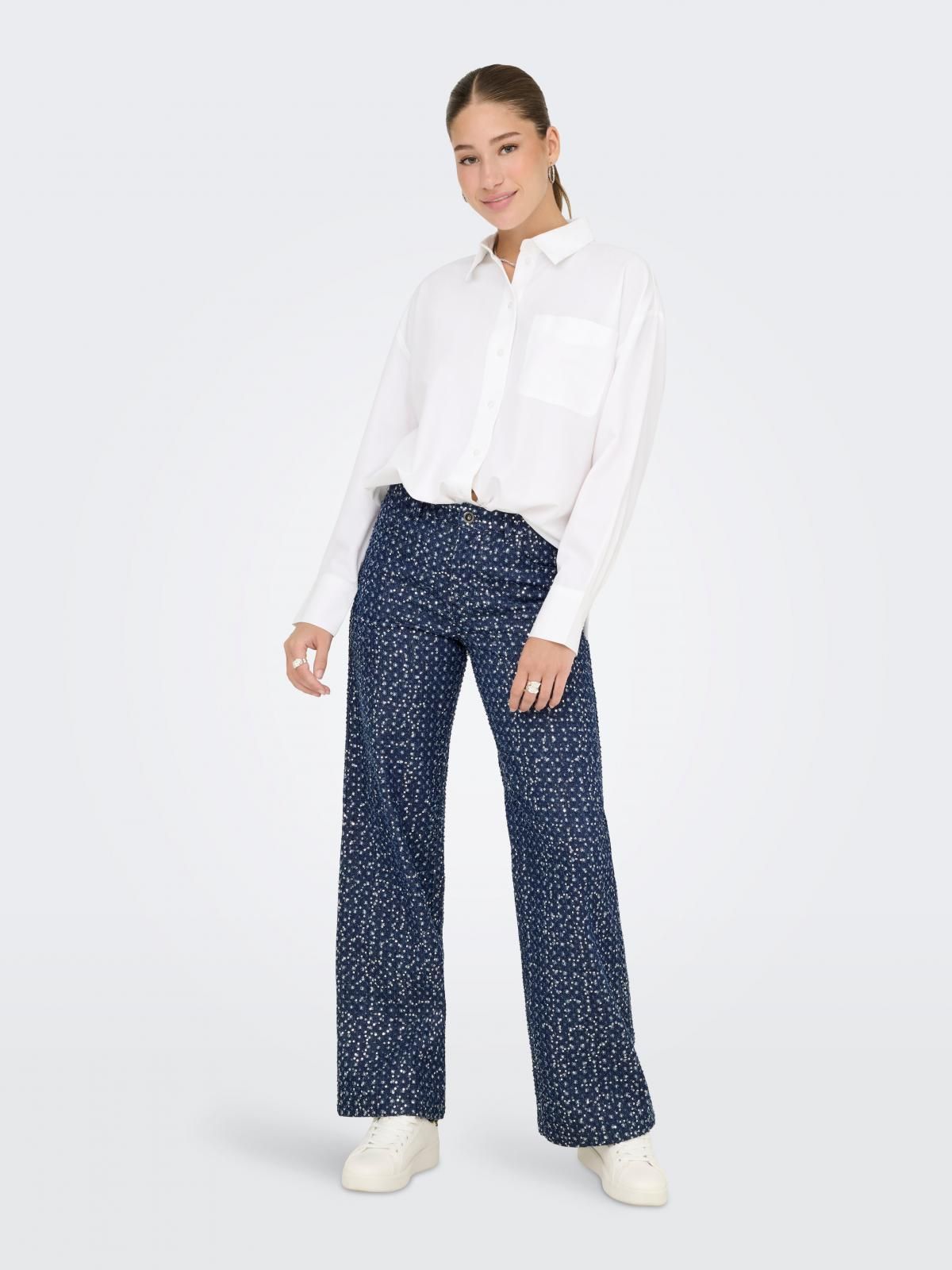 온리 트렌디 패턴 와이드 팬츠 15362397_2114 BLUE / DARK BLUE DENIM - 상세 이미지 5