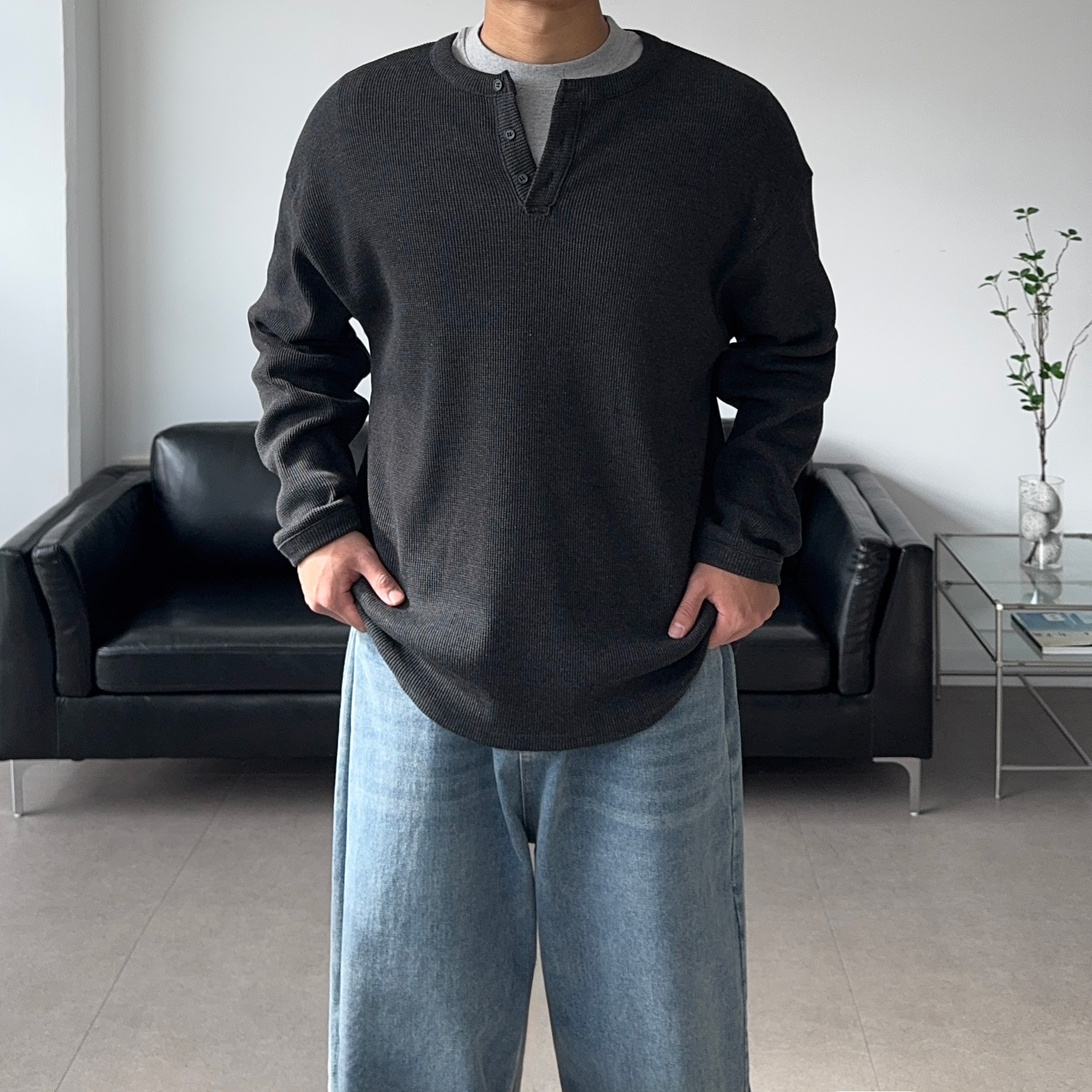 헨리넥긴팔 와플헨리넥 남자긴팔티 - 상품 이미지