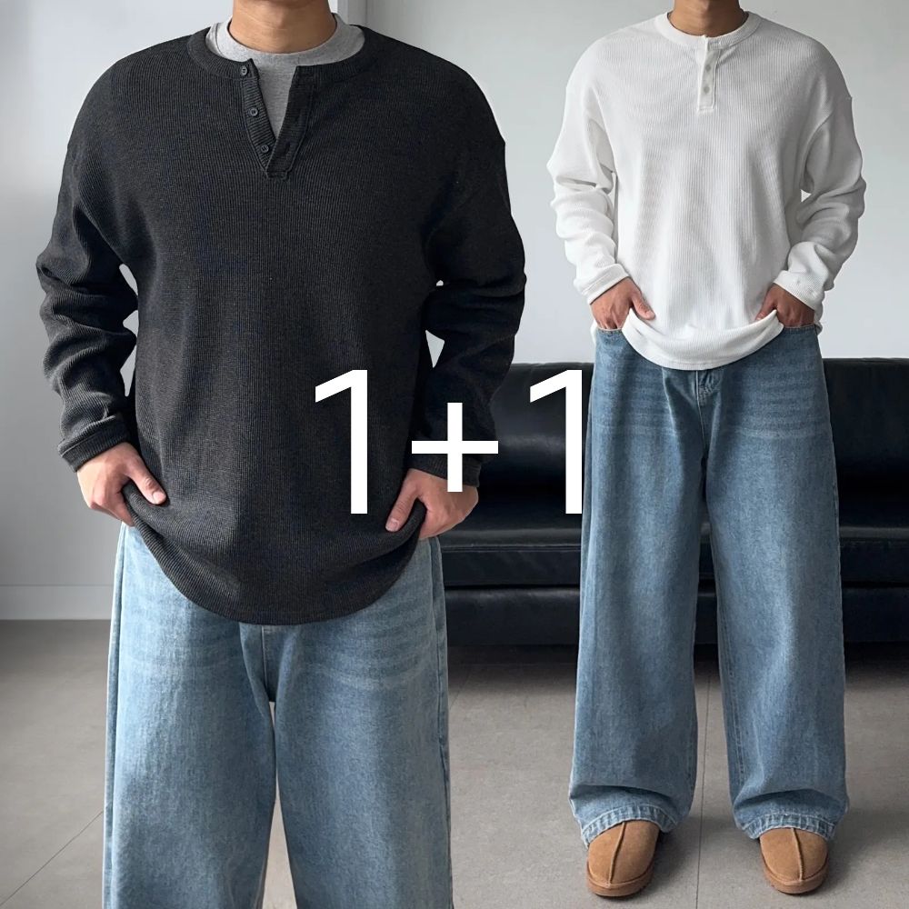 1+1 헨리넥긴팔 와플헨리넥 남자긴팔티 - 상품 이미지