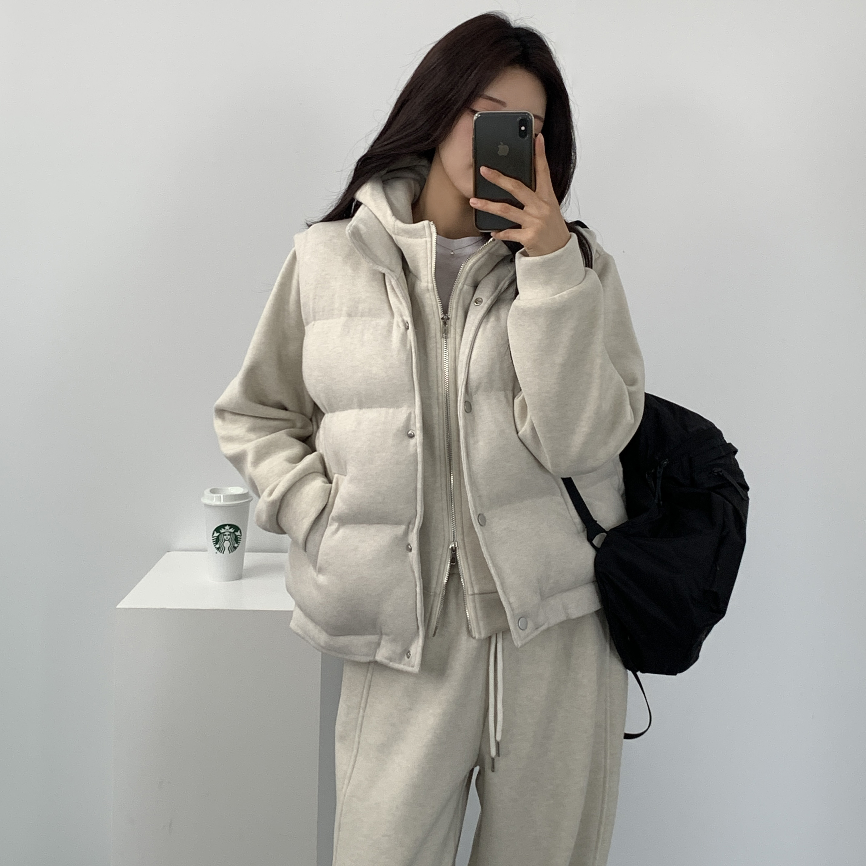 여성 겨울 레이어드 세트 경량패딩 조끼 트레이닝 바지 런닝복 체육복 기모 후드 집업 - 상품 이미지