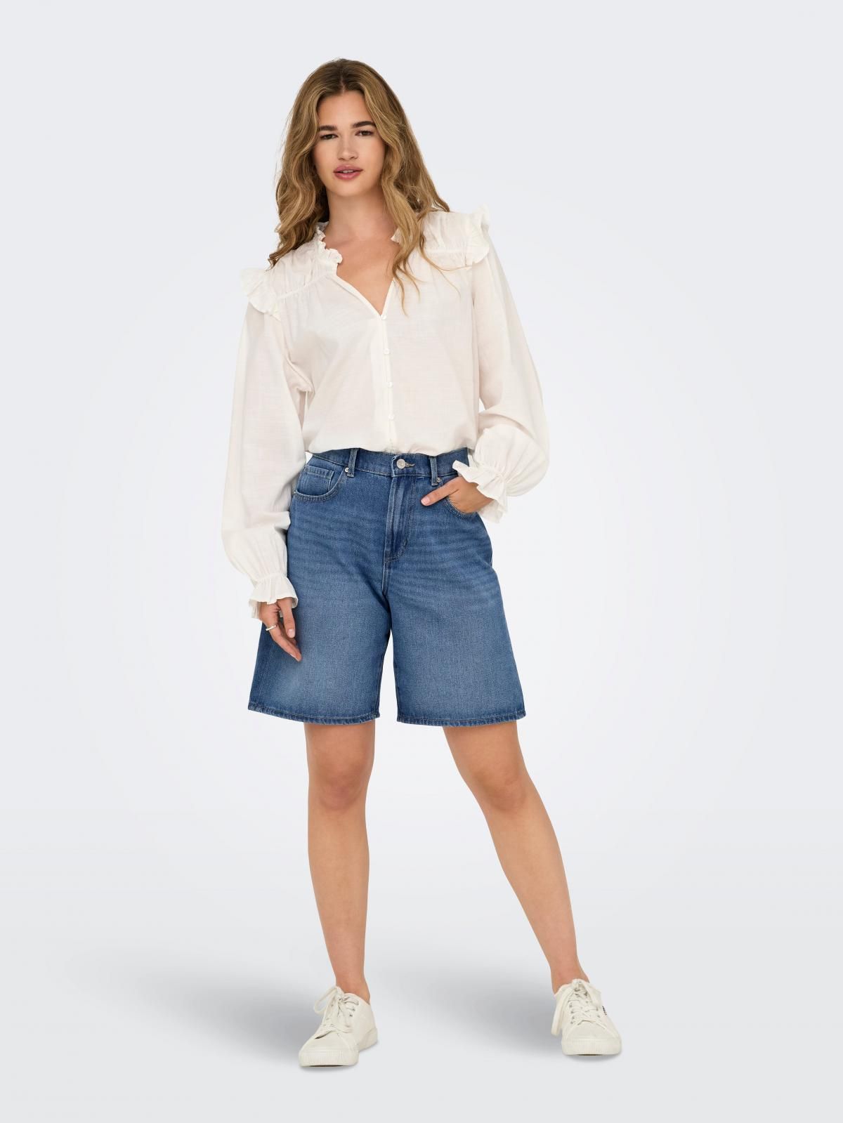 온리 하이웨이스트 와이드핏 데님 반바지 15357915_2115 BLUE / MEDIUM BLUE DENIM - 상세 이미지 5
