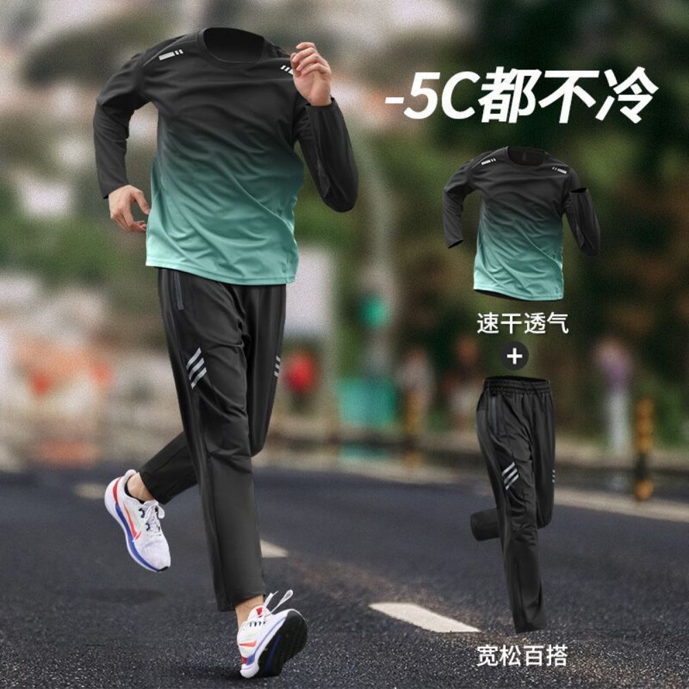 러닝복 세트 남성 연습복 경기복 남자마라톤복 4종 런닝복 검정+초록 세트 A M (57.5-65kg) - 상품 이미지