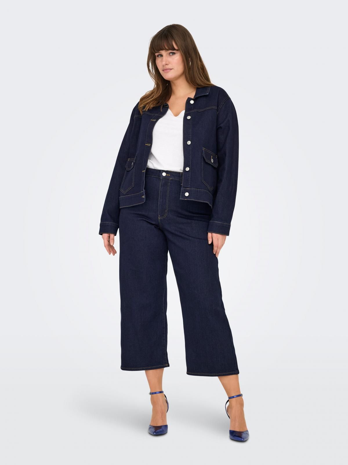 온리 플러스사이즈 와이드 크롭 데님 팬츠 15342146_2114 BLUE / DARK BLUE DENIM - 상세 이미지 5