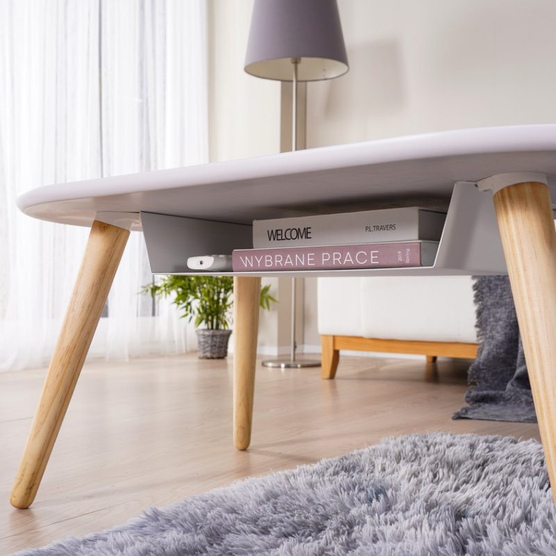 철제수납 원목다리 2단 거실 소파 좌식 타원형 테이블 화이트아이보리