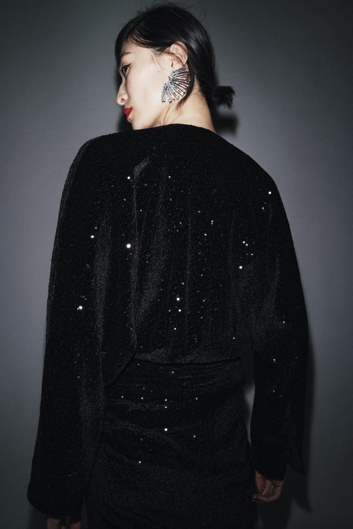 자라 럭셔리 벨벳 시퀸 숄더패드 롱 원피스 9717/976 BLACK - 상세 이미지 4