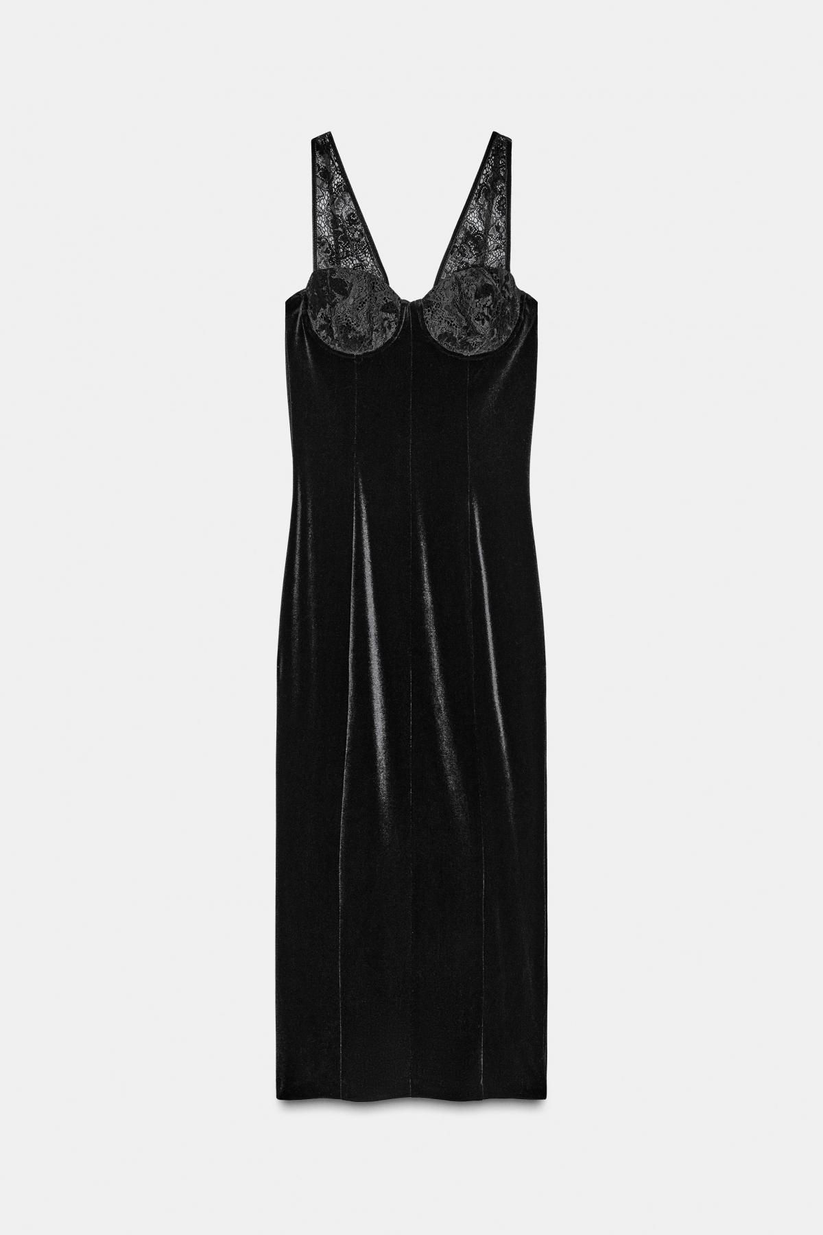 자라 벨벳 레이스 미디 원피스 브이넥 슬릿 9937/986 BLACK - 상품 이미지