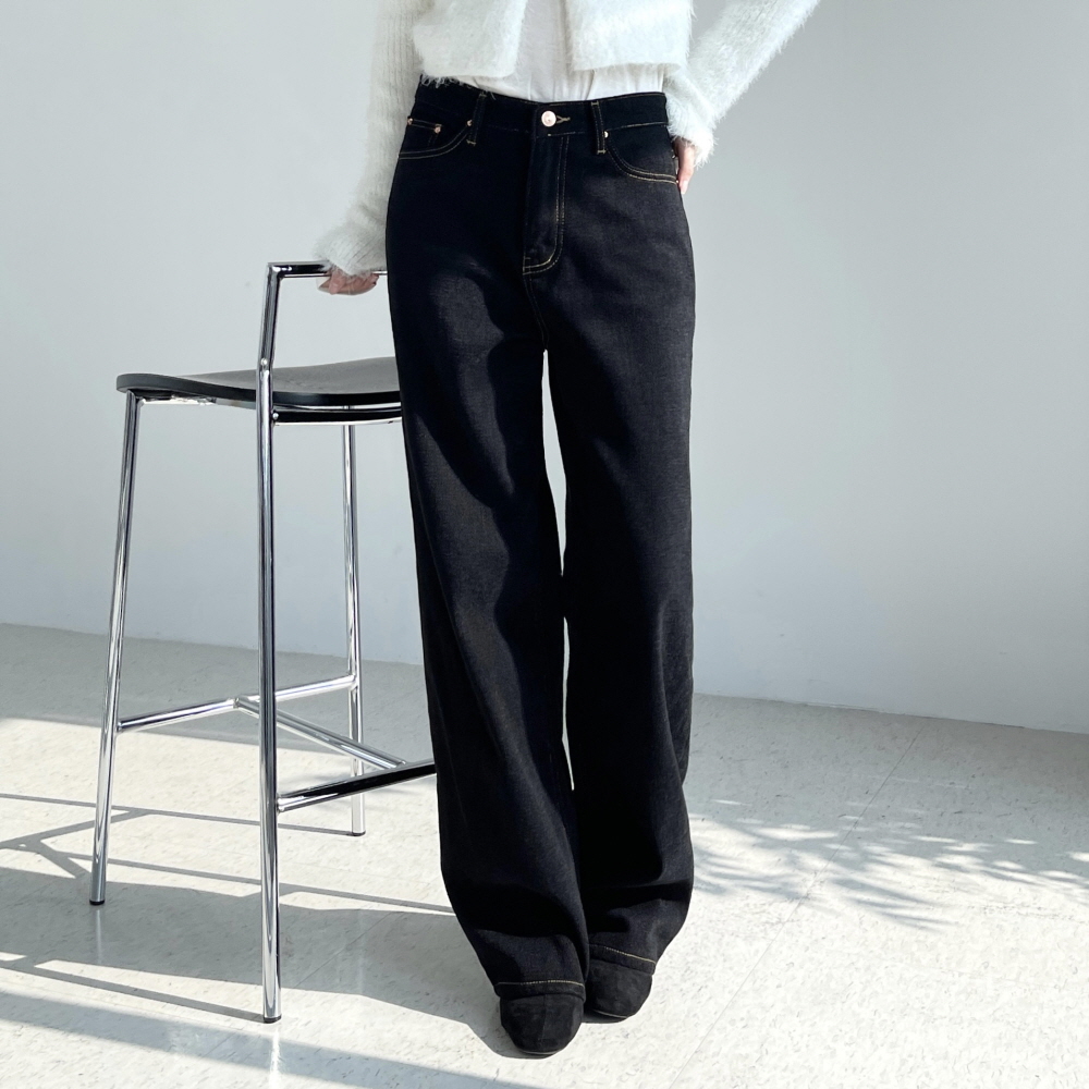여성기모청바지 겨울 벨벳 융기모 세미와이드 진청 블랙진 일자 통바지 생지 미드나잇블루데님 - 상세 이미지 3