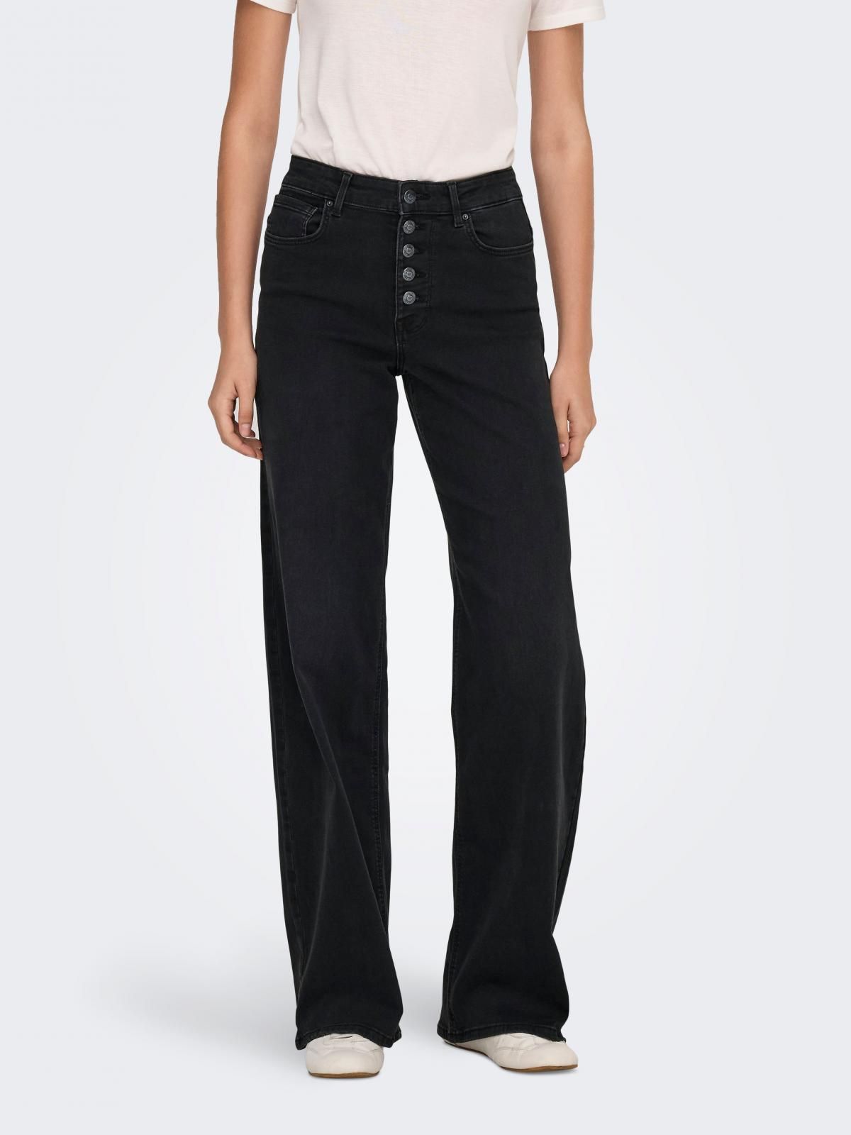 온리 하이웨이스트 와이드핏 블랙 데님 청바지 15366662_8183 BLACK / WASHED BLACK - 상품 이미지