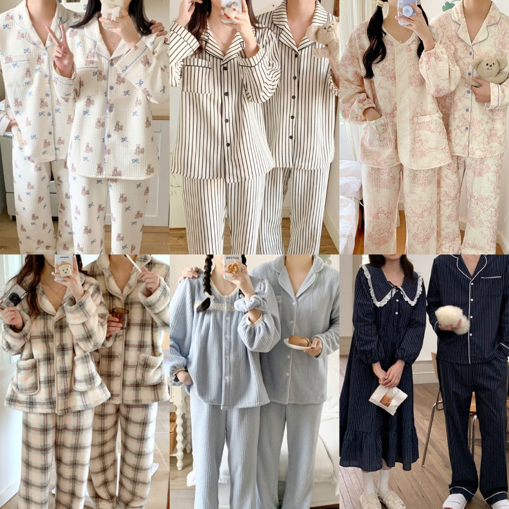 커플잠옷 원피스 누빔 극세사 겨울 파자마 긴팔 세트 신혼부부 제품 이미지