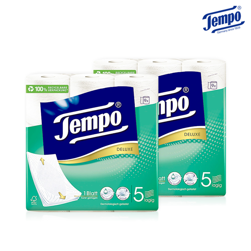 [한/정/수/량] 프랑스 직수입 프리미엄 5겹 템포 두루마리 휴지 9롤 2팩 + 휴대용 휴지 10매 2개 증정 제품 이미지