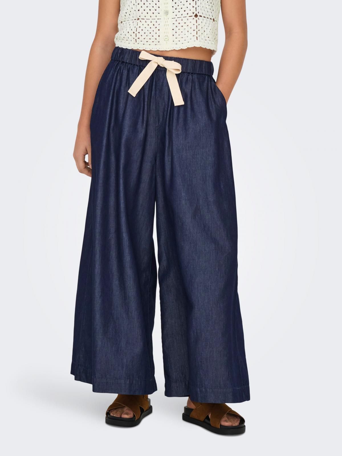 온리 하이웨이스트 데님 와이드핏 밴딩 팬츠 15344333_2114 BLUE / DARK BLUE DENIM - 상품 이미지