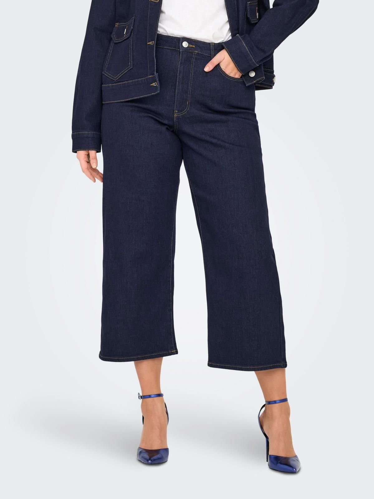온리 플러스사이즈 와이드 크롭 데님 팬츠 15342146_2114 BLUE / DARK BLUE DENIM - 상품 이미지