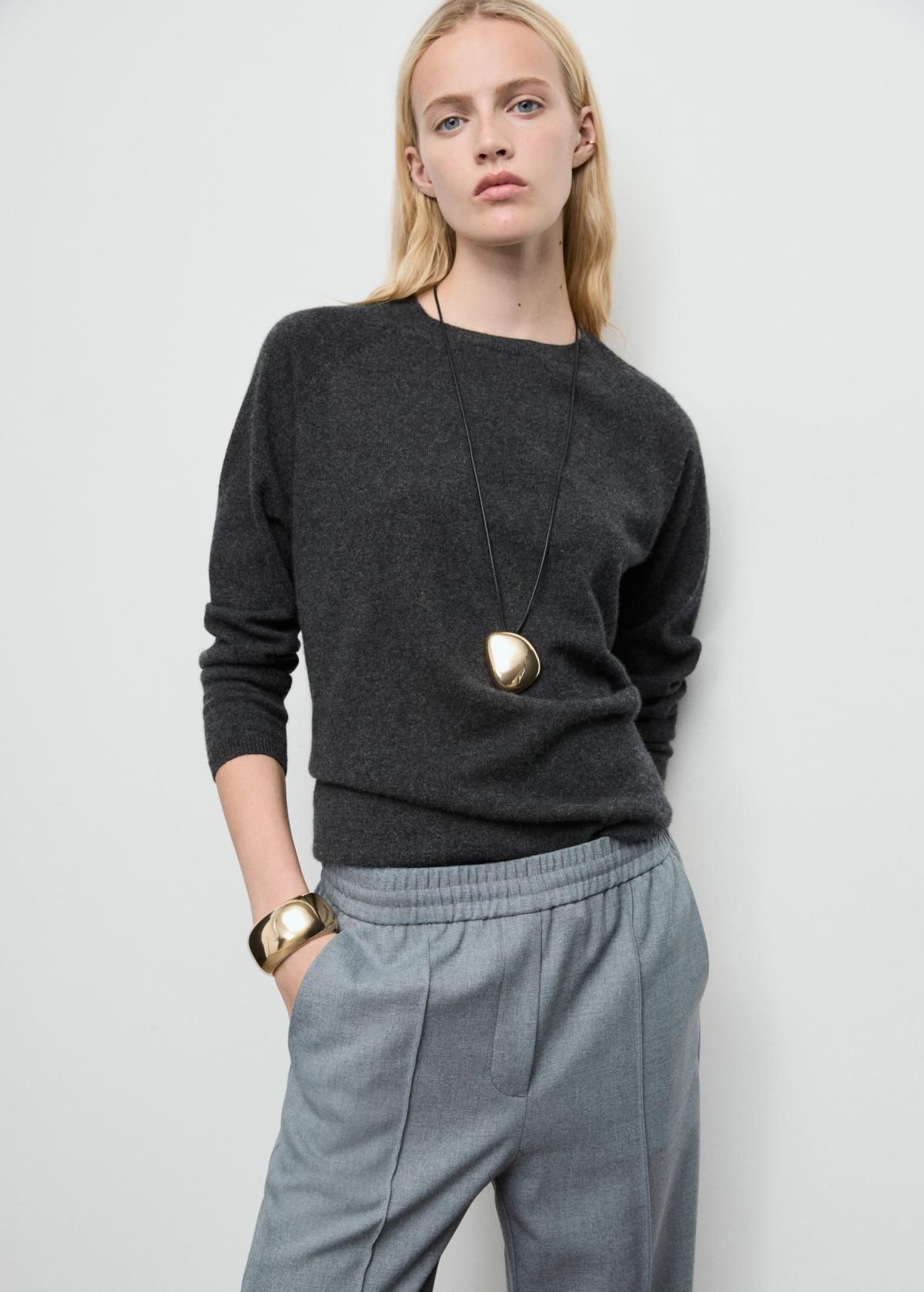 망고 와이드핏 밴딩 슬랙스 팬츠 27111574 GRIS - 상세 이미지 4