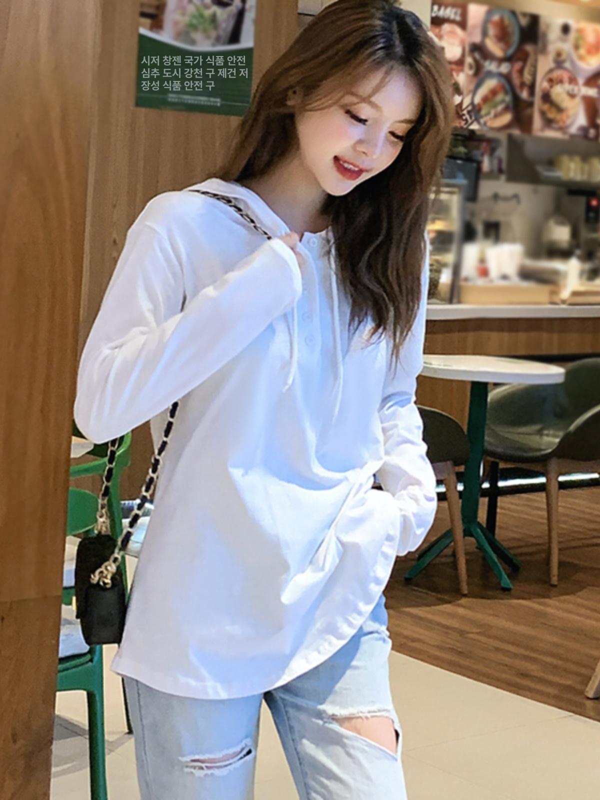 여성후드티 티셔츠 이너 레이어드 반팔 긴팔 - 상세 이미지 3